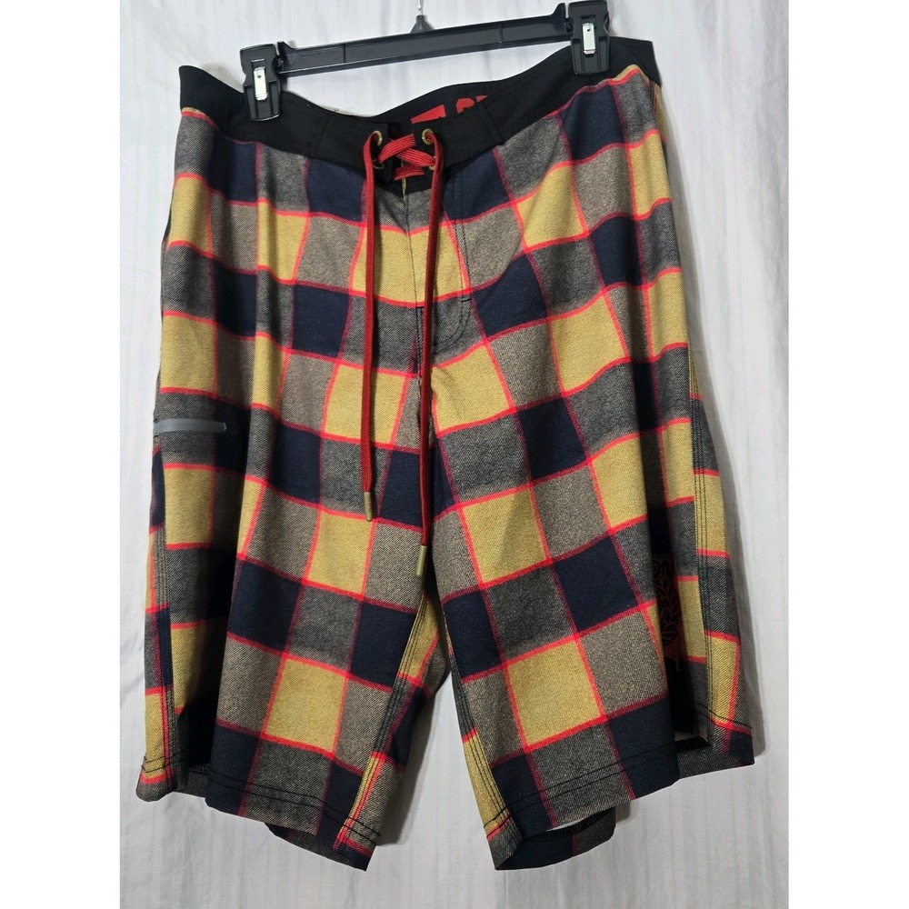 Dixxon Flannel Company BoardSwim Trunks Yellow red black plaid "Freddy Krueger"